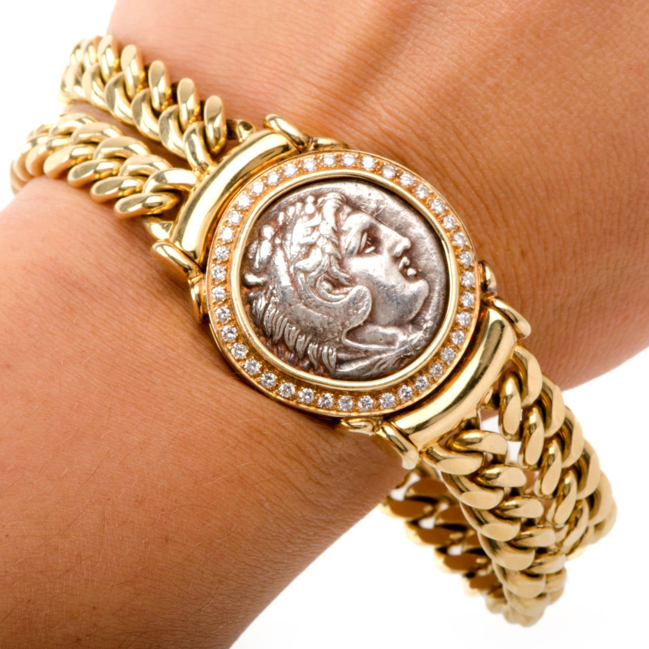 1970s Heavy Cuban Diamond Gold Link Roman Coin Men Bracelet In Excellent Condition In Miami, FL