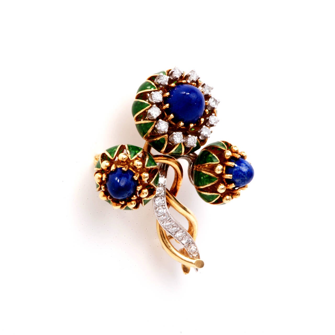 This stunning genuine Le Triomphe brooch pin is handcrafted in solid 18K yellow gold and plat . The sweet pin displays 3 genuine dome sugar- loaf lapis approx 10.00cttw and accented with 22 genuine round cut diamonds of approx 0.75cttw, G color, VS1