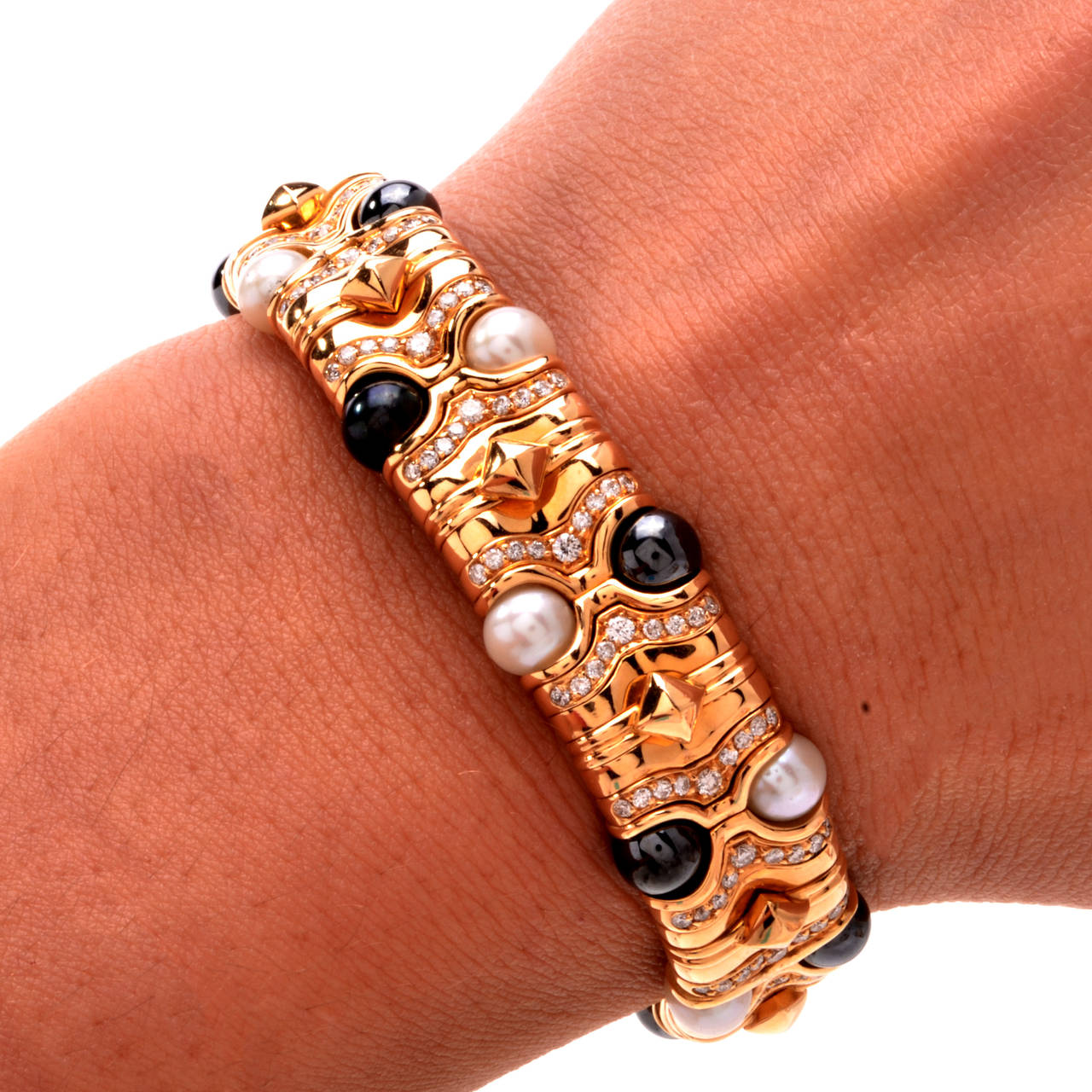Bulgari Pearl Diamond Gold Cuff Bangle Bracelet 3