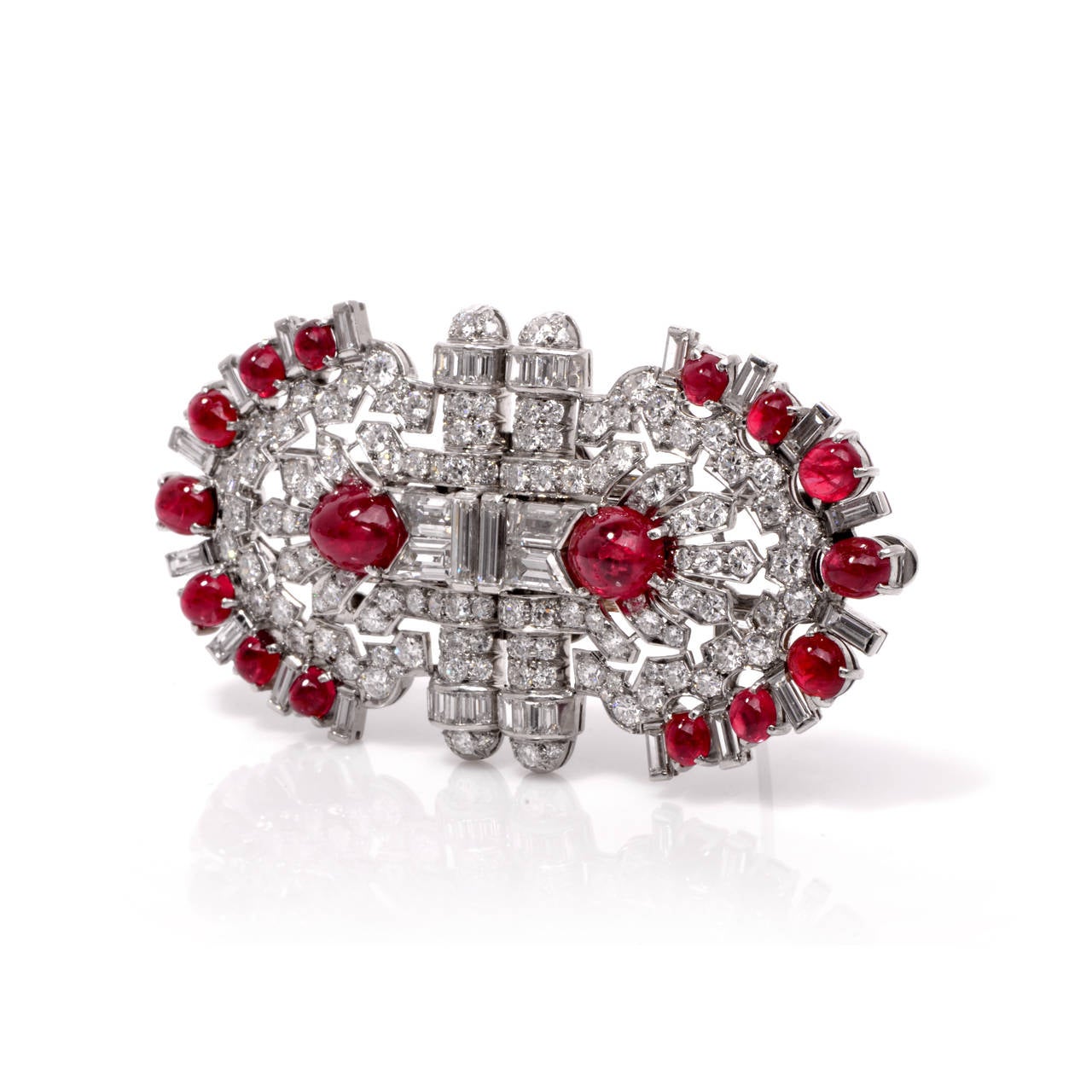 Art Deco Burma Ruby Platinum Diamond Double-Clip Brooch pin