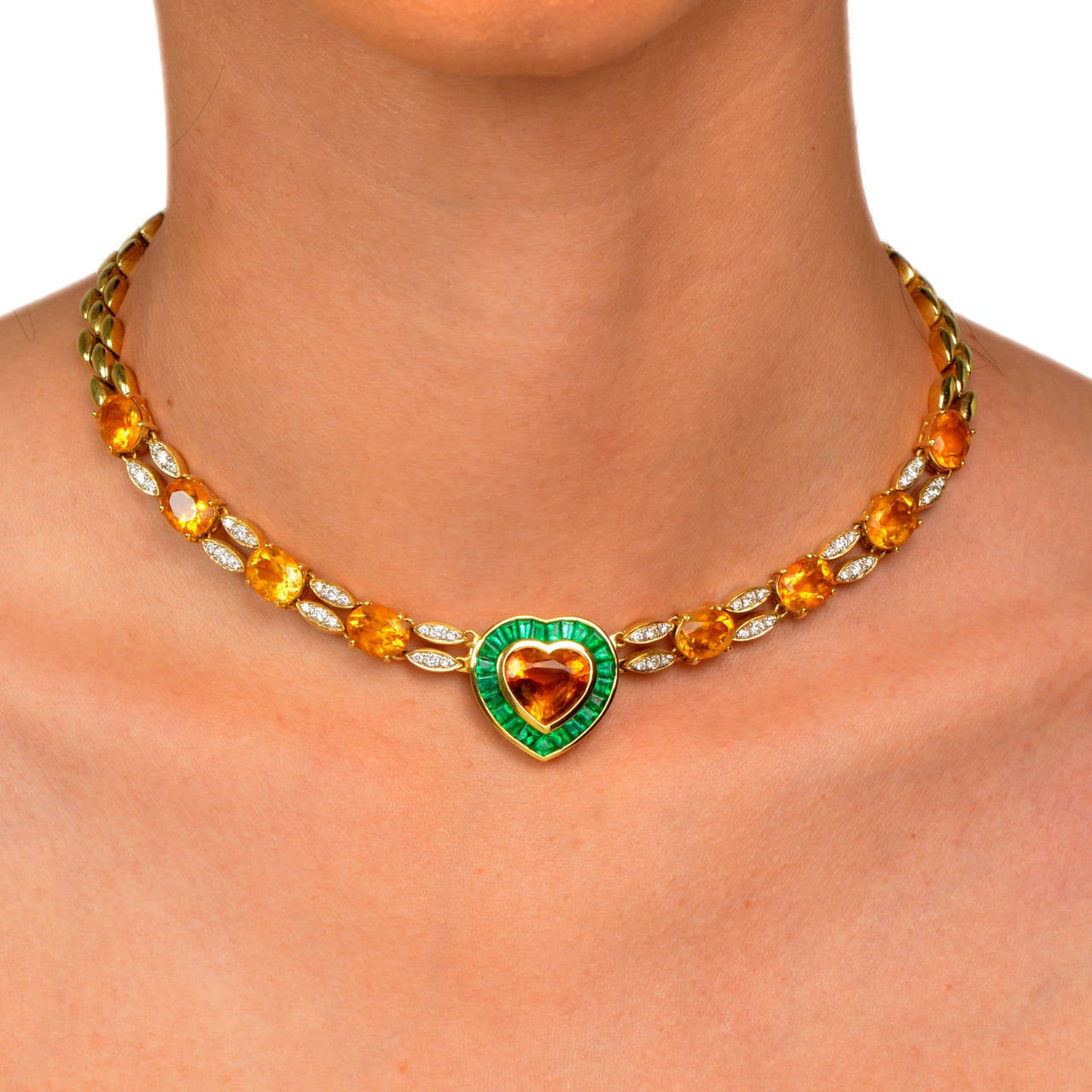 Citrine Emerald Diamond Gold Heart Pendant Necklace For Sale at 1stdibs