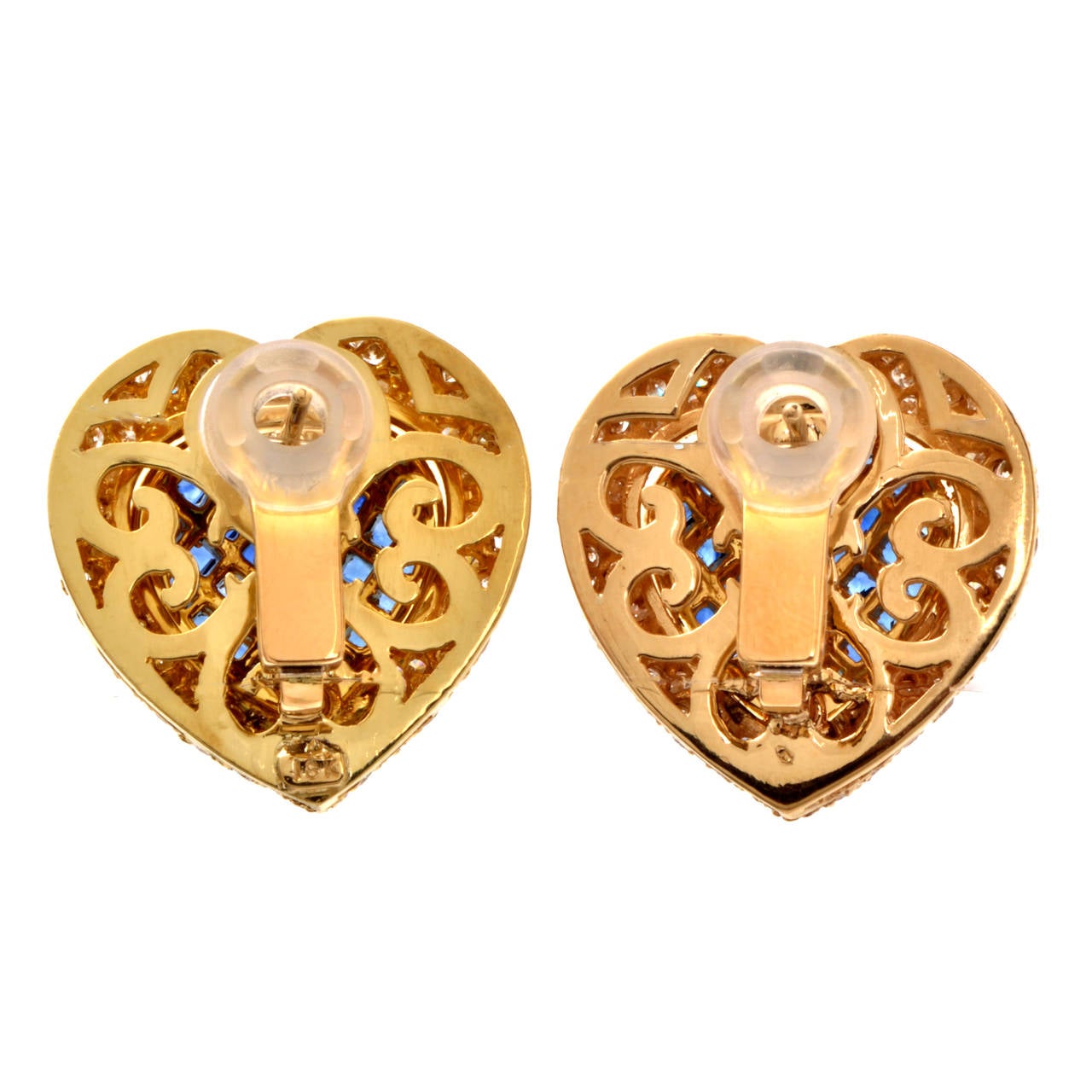 Women's Sapphire Pave Diamond Gold Heart Earrings