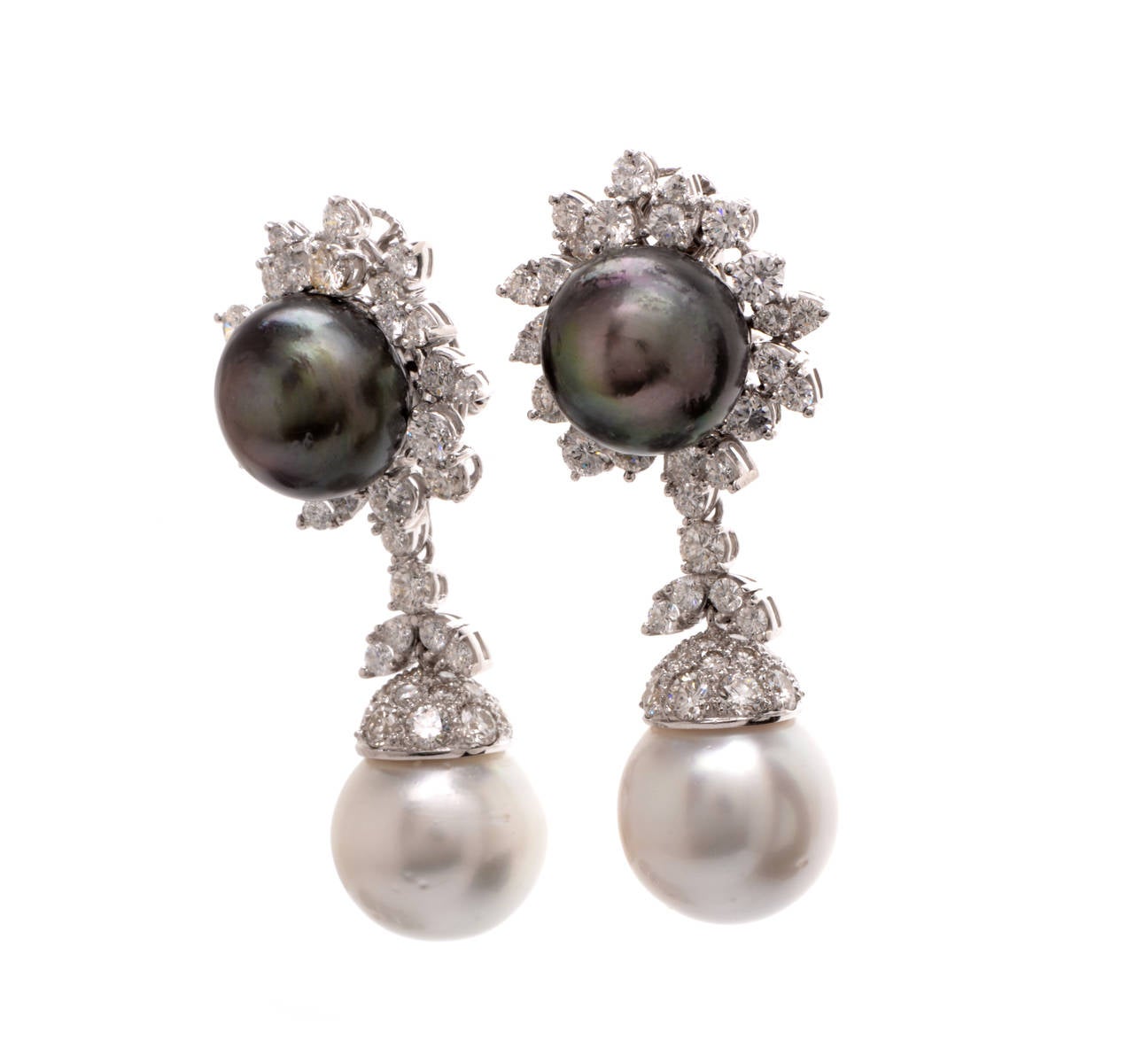 Tahitian South Sea Pearl Diamond Platinum Day and Night Earrings