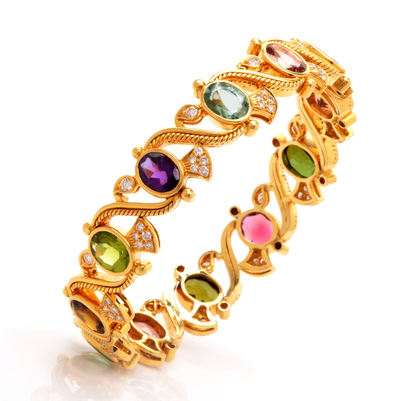 Women's Multi-Gem Diamond Gold Bangle Bracelet