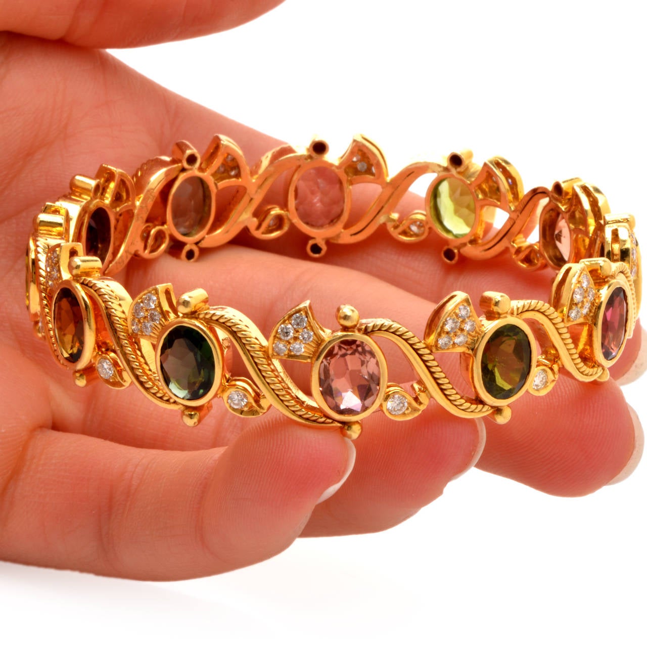 Multi-Gem Diamond Gold Bangle Bracelet 3