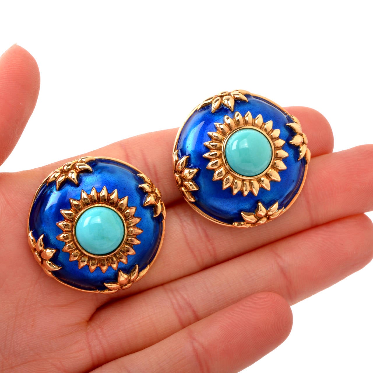 Women's Blue Enamel Turquoise Repousse Gold Clip Earrings