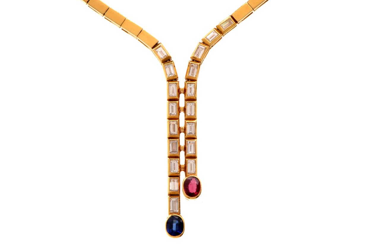 This estate  necklace of classic elegance and color contrast with an integrated  cascading pendent is crafted in solid 18K yellow gold, weighing app.45.7 grams and measuring  app. 16