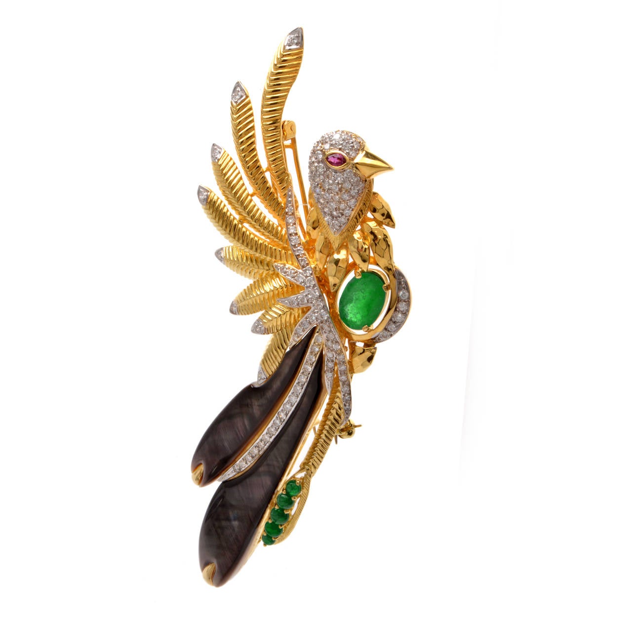 Emerald Ruby Diamond Gold Large Bird Brooch Pin In Excellent Condition In Miami, FL