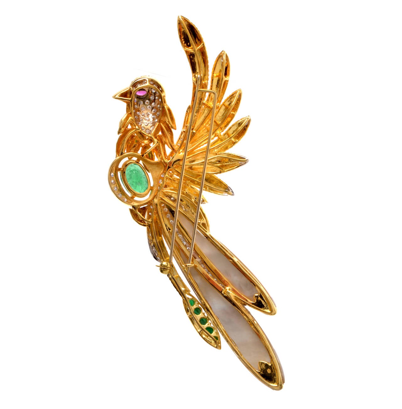 Women's Emerald Ruby Diamond Gold Large Bird Brooch Pin