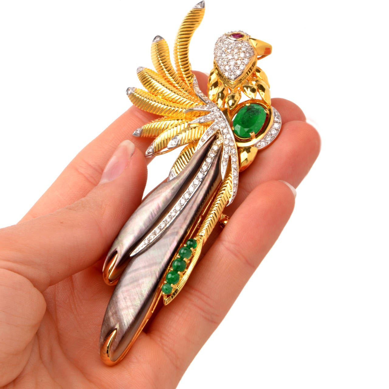 Emerald Ruby Diamond Gold Large Bird Brooch Pin 1