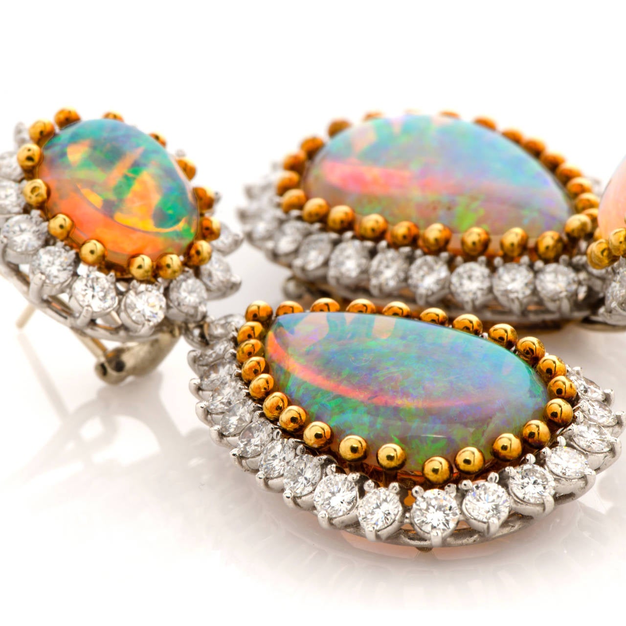 Opal Cabochon Diamond Clip Back Pendant Platinum Gold Earrings at 1stDibs