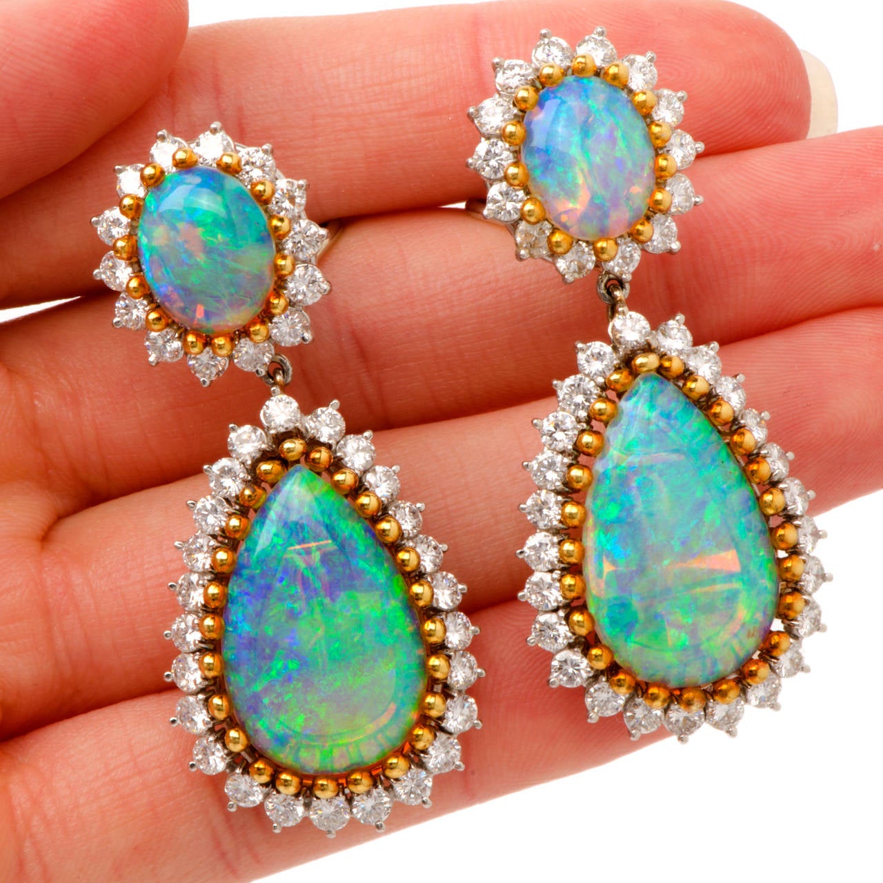 Opal Cabochon Diamond Clip Back Pendant Platinum Gold Earrings at 1stDibs