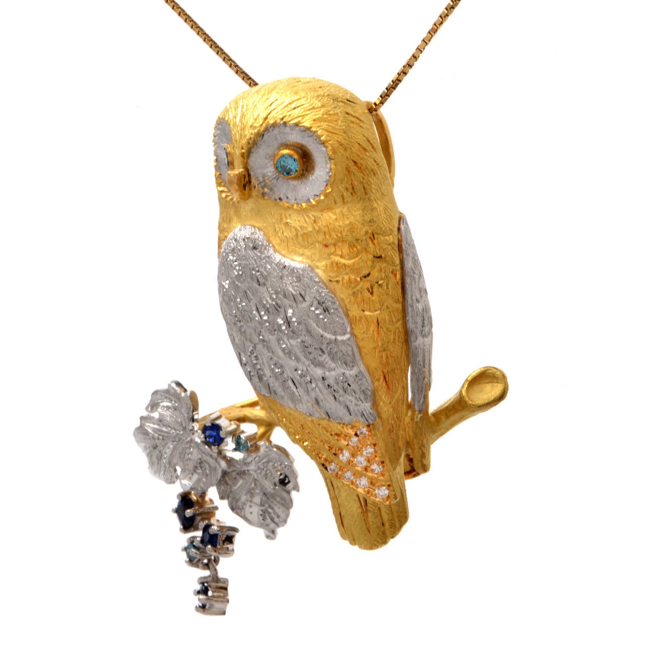 Sapphire Diamond Gold Platinum Owl Brooch Pin Pendant
