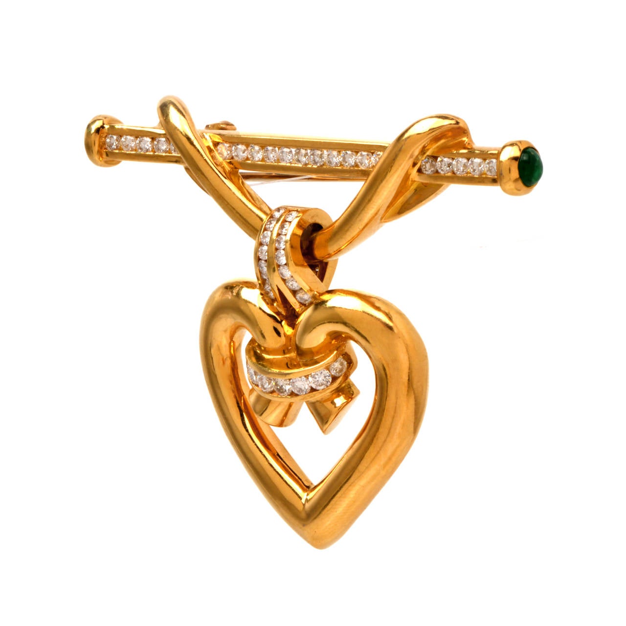 Krypell Emerald Diamond Gold Heart Pendant Brooch Pin In Excellent Condition In Miami, FL