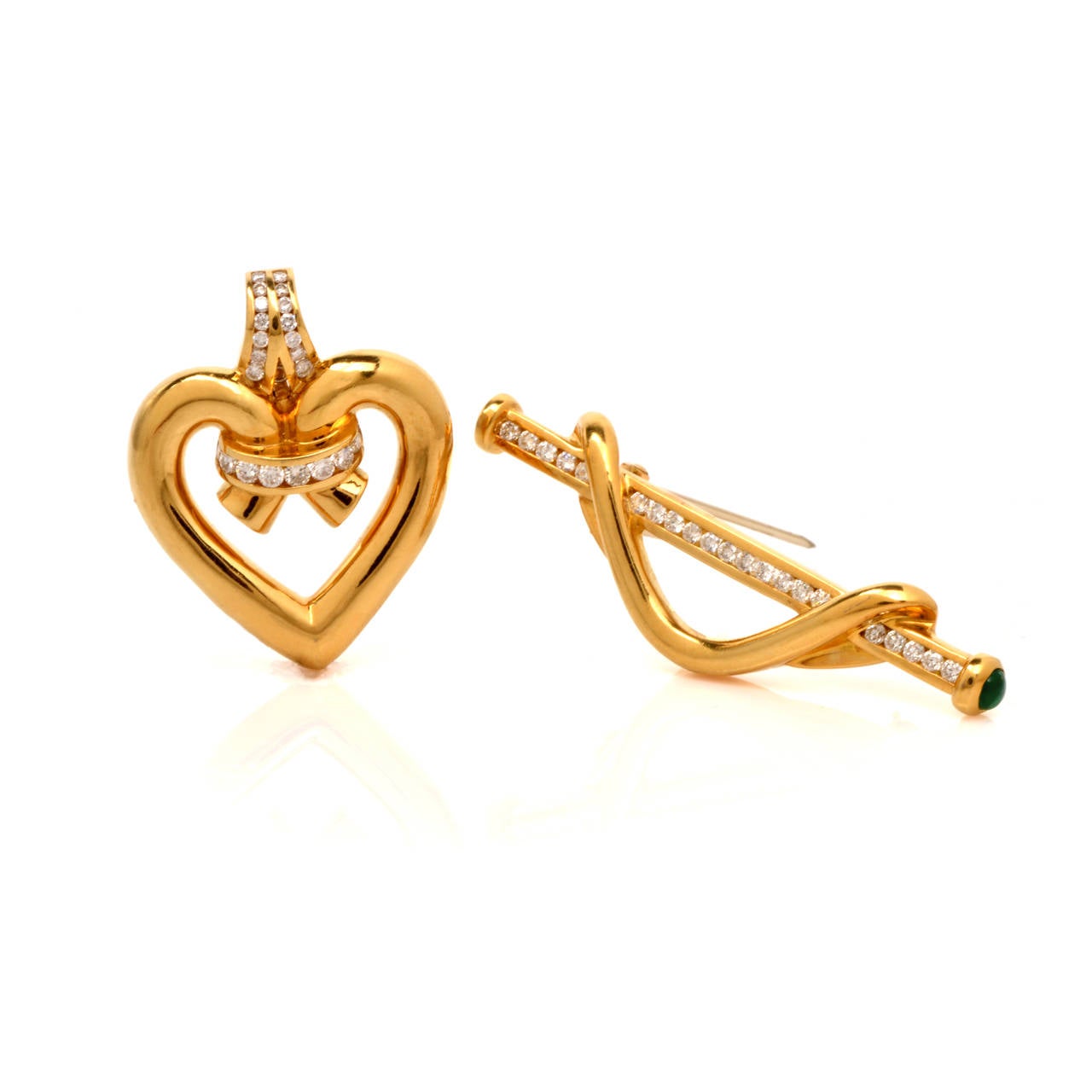 Krypell Emerald Diamond Gold Heart Pendant Brooch Pin 2