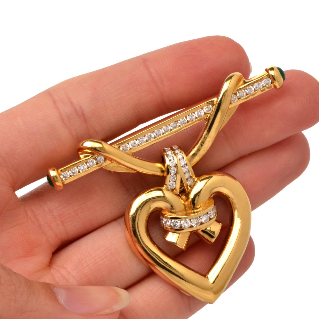 Krypell Emerald Diamond Gold Heart Pendant Brooch Pin 4