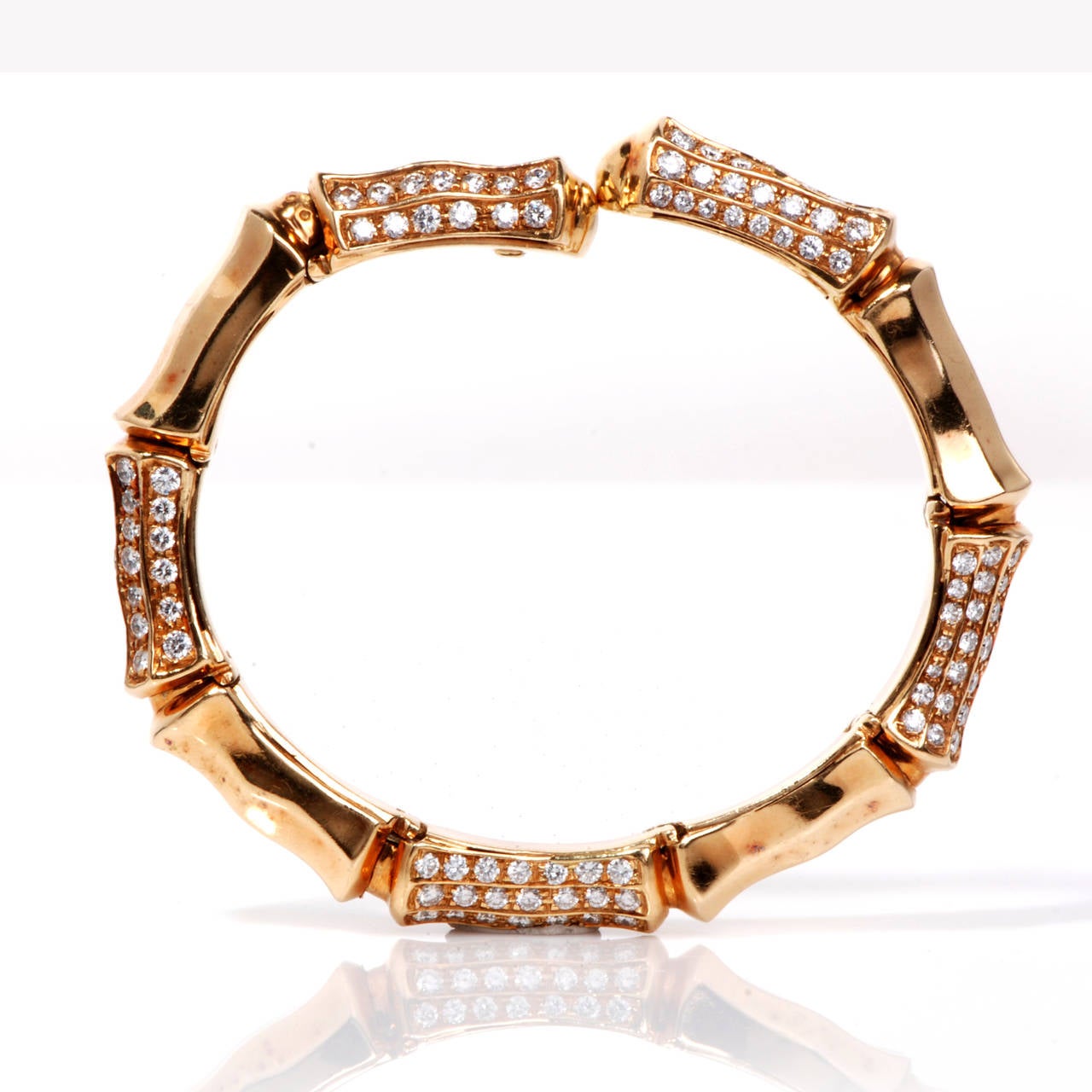 Diamond Gold Bamboo Cuff Bangle Bracelet In Excellent Condition In Miami, FL