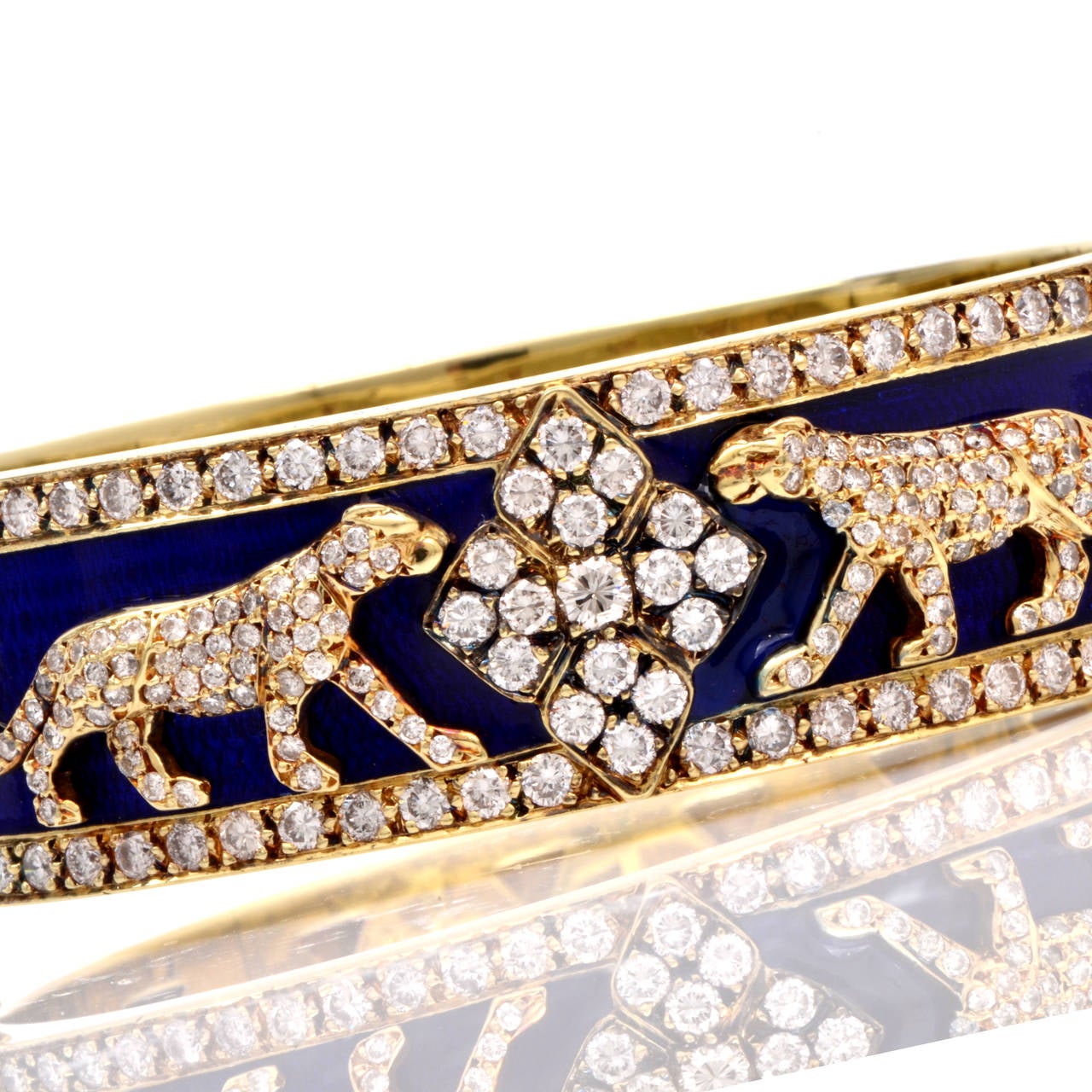 1960s Diamond Enamel Cobalt Gold Panther Wide Bangle In Excellent Condition In Miami, FL