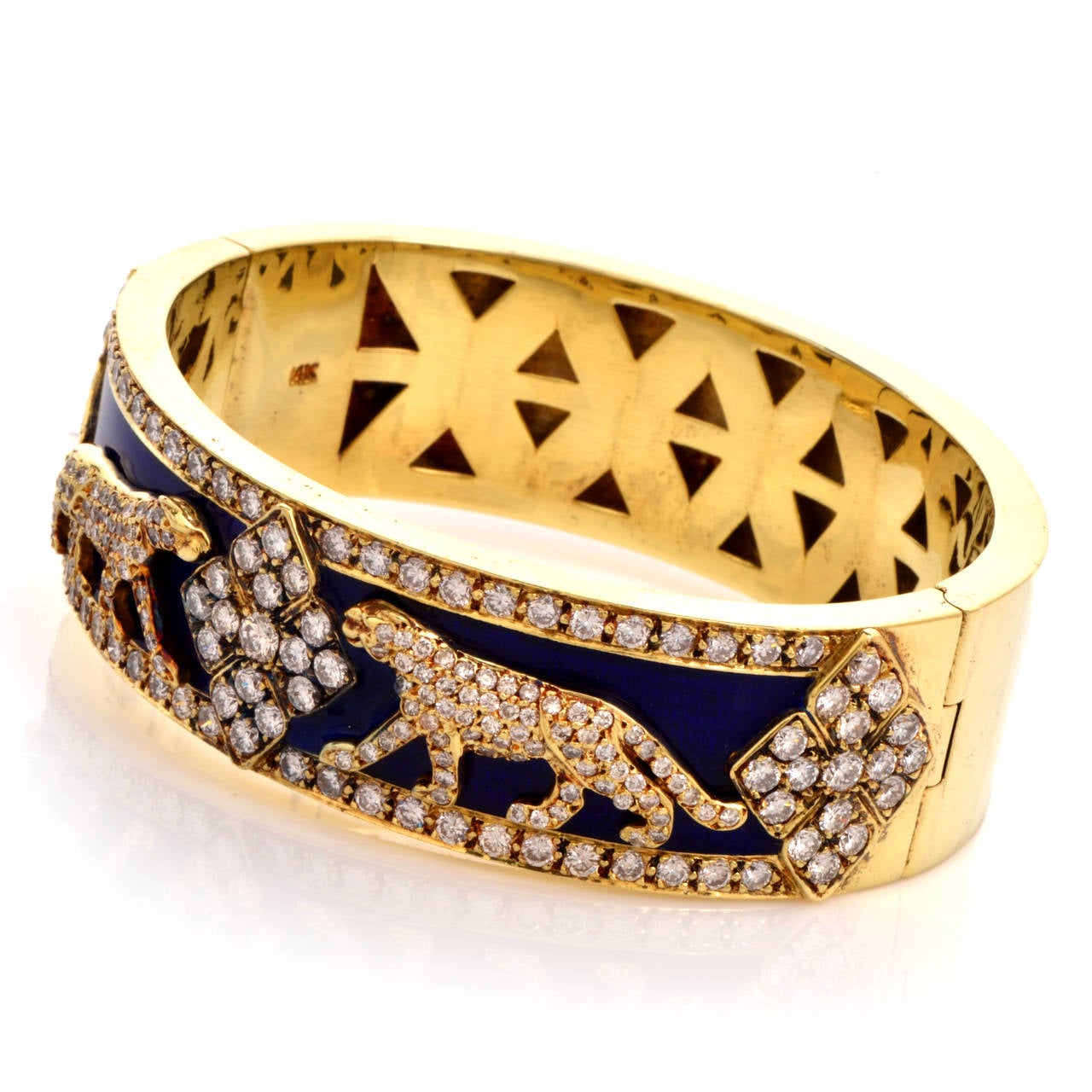 Women's 1960s Diamond Enamel Cobalt Gold Panther Wide Bangle
