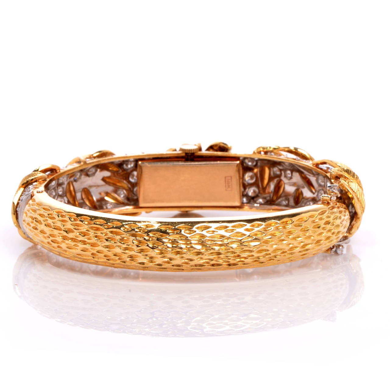 Lady's Platinum Yellow Gold Diamond Leaf Bracelet Wristwatch In Excellent Condition In Miami, FL