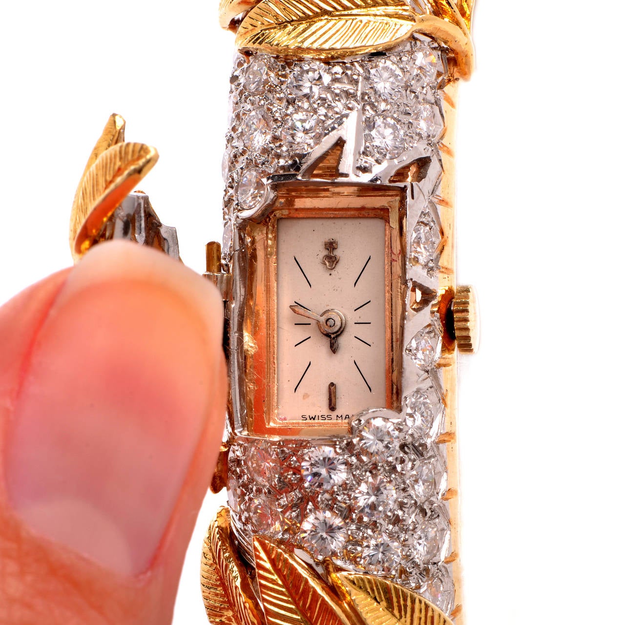Lady's Platinum Yellow Gold Diamond Leaf Bracelet Wristwatch 1