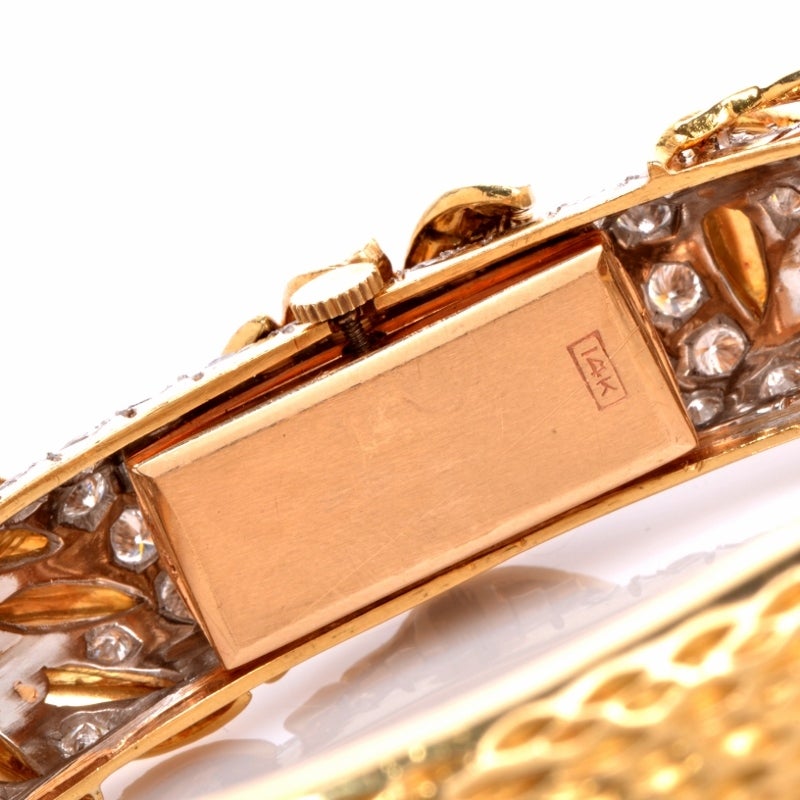 Lady's Platinum Yellow Gold Diamond Leaf Bracelet Wristwatch 3