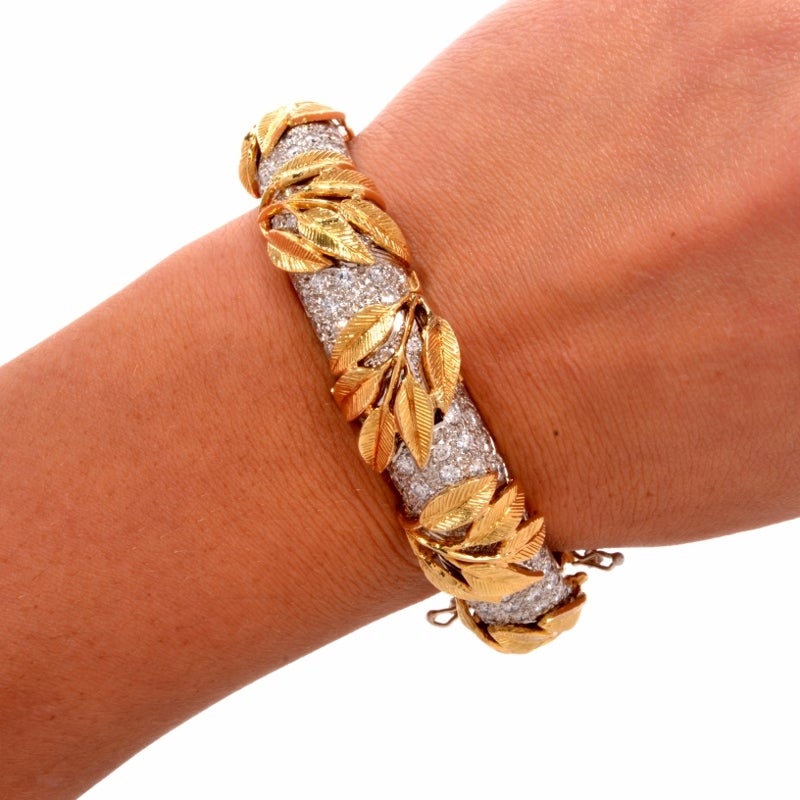 Lady's Platinum Yellow Gold Diamond Leaf Bracelet Wristwatch 5