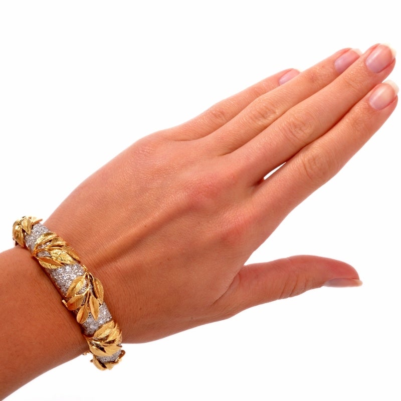 Lady's Platinum Yellow Gold Diamond Leaf Bracelet Wristwatch 6