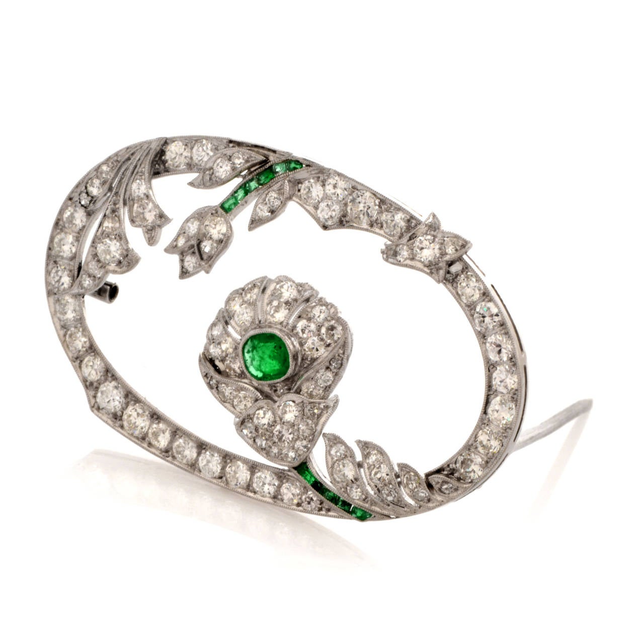 Art Deco Antique European Emerald Diamond Platinum Floral Brooch