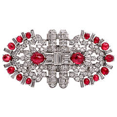 Art Deco Burma Ruby Platinum Diamond Double-Clip Brooch pin