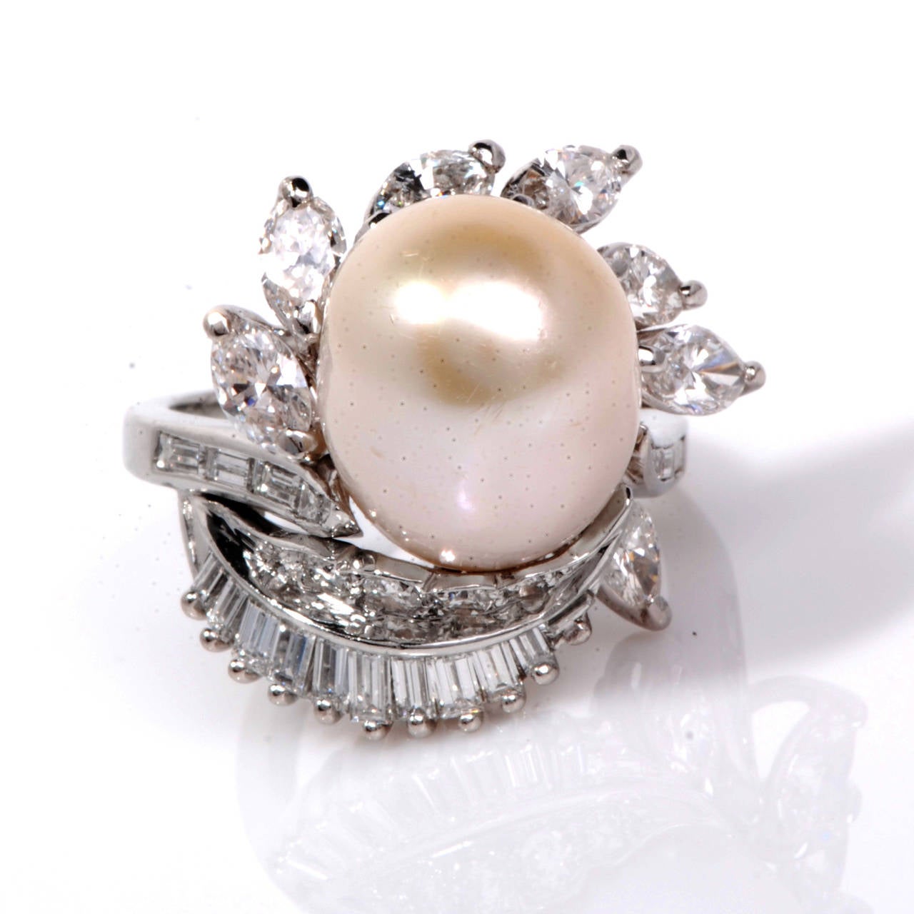 Modern 1960s Diamond Pearl Platinum Floral Ring