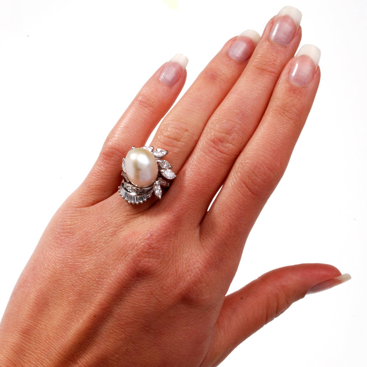 1960s Diamond Pearl Platinum Floral Ring 1