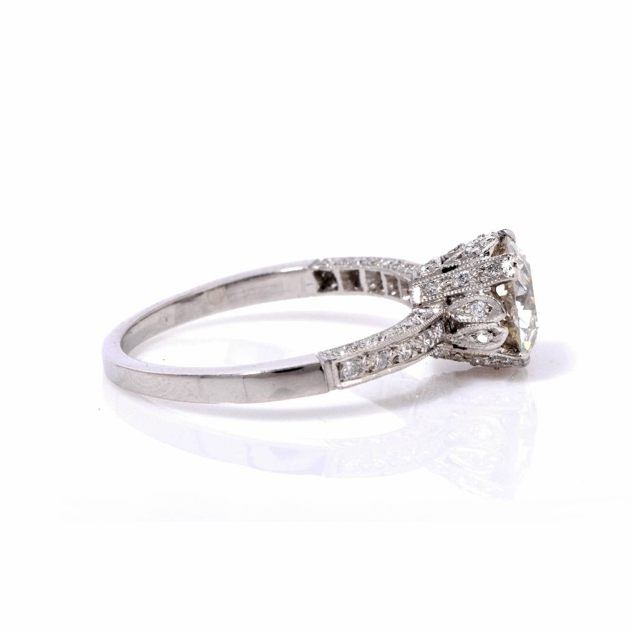 Art Deco 1.58 Carat Old European Cut Diamond Platinum Engagement Ring