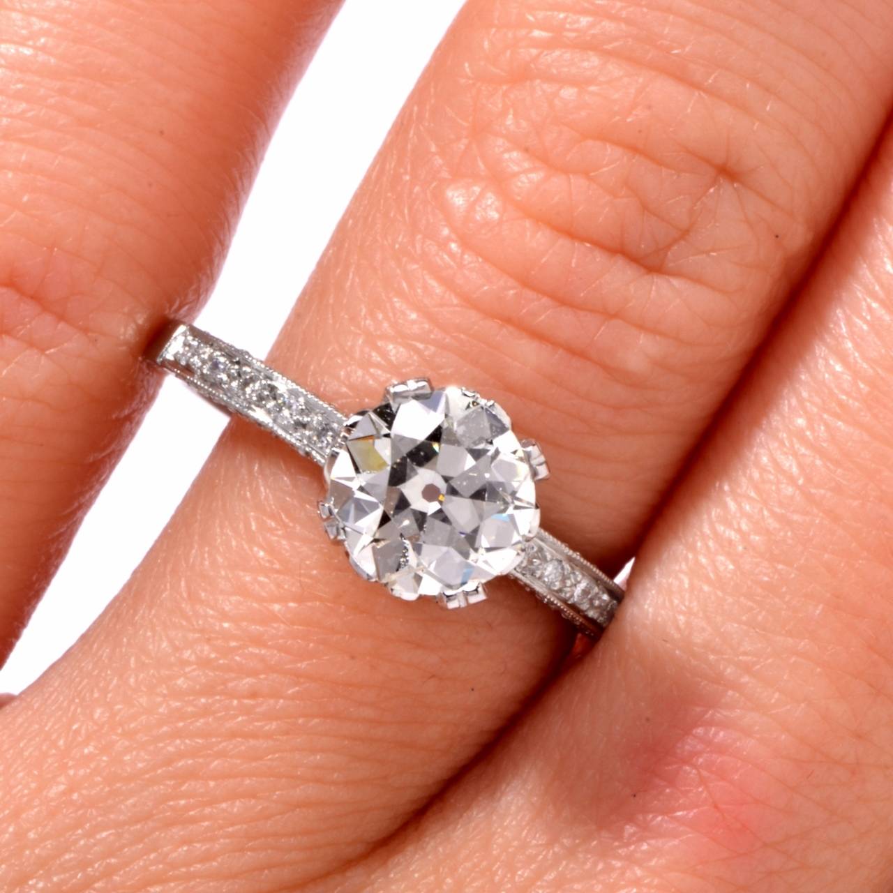 Women's 1.58 Carat Old European Cut Diamond Platinum Engagement Ring