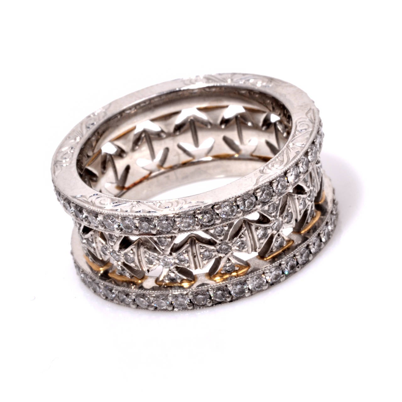 This gorgeous Beaudry band ring is luxurious, full of shimmer and sparkle with beautiful romantic detials. Finely crafted in solid platinum, it is accented with 144 genuine round cut diamonds approx. 3.00ct, F-G color, VVS clarity that is
