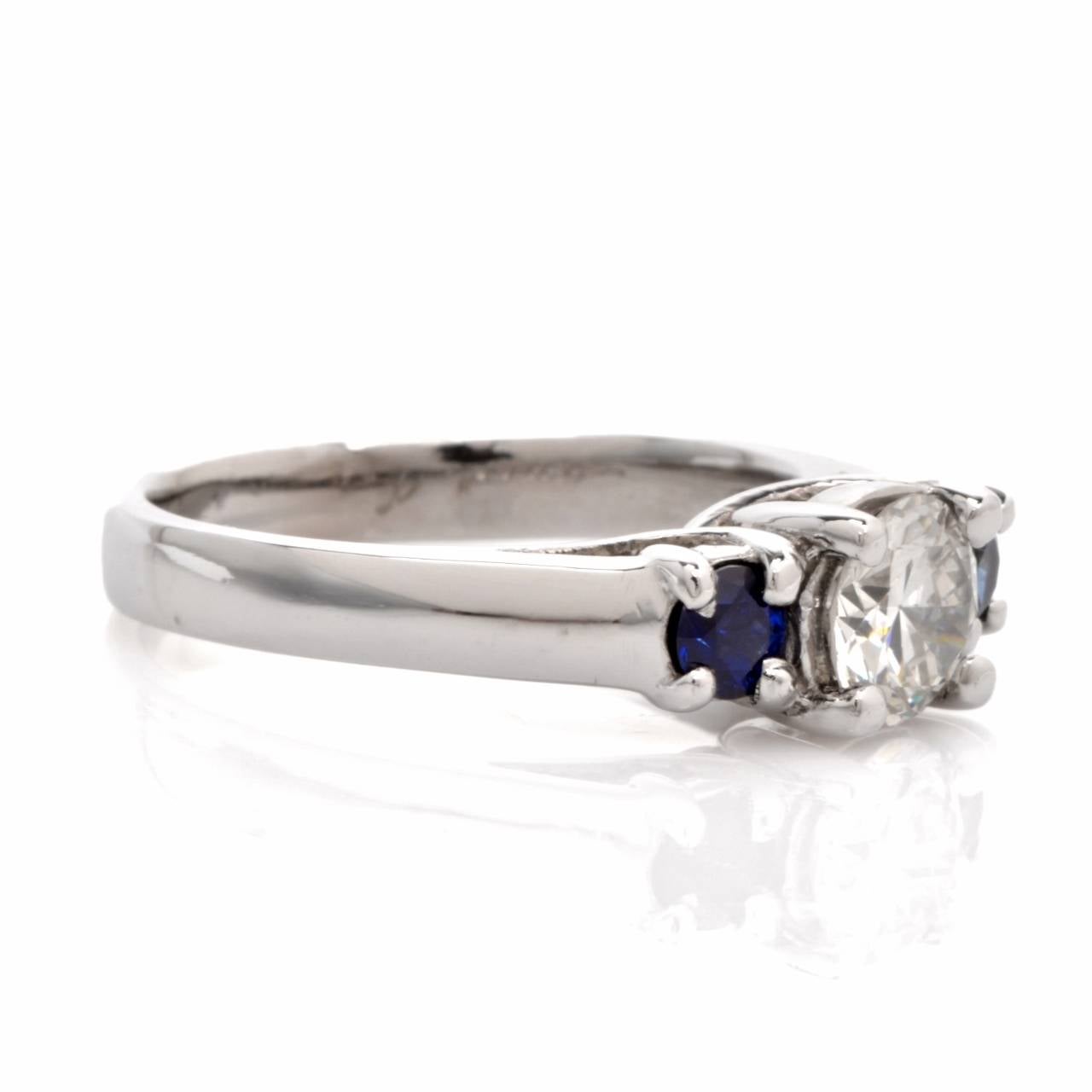Three-Stone Sapphire Diamond Platinum Engagement Ring In Excellent Condition In Miami, FL