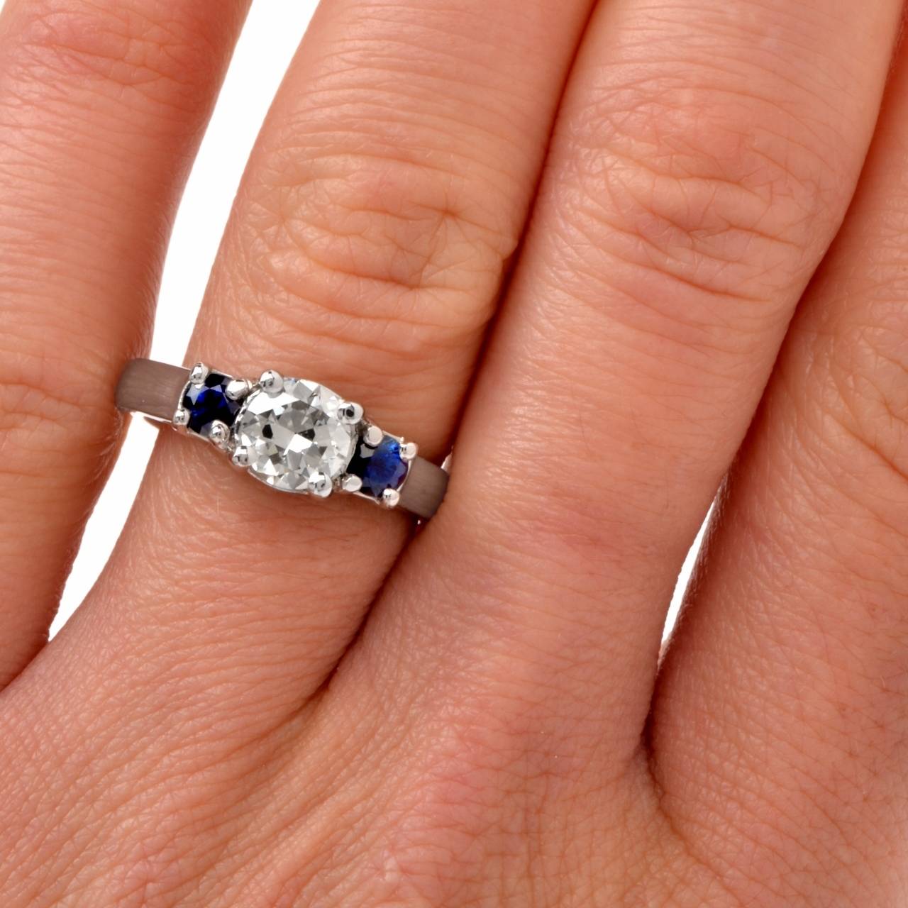 Three-Stone Sapphire Diamond Platinum Engagement Ring 1