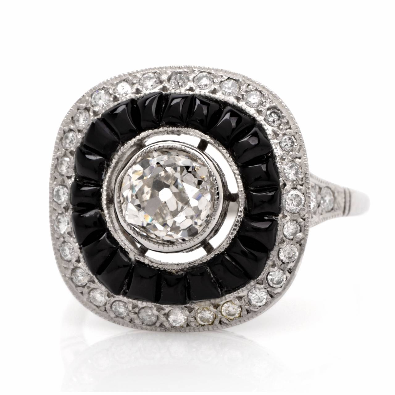 Women's Art Deco Black Onyx Diamond Platinum Engagement Ring