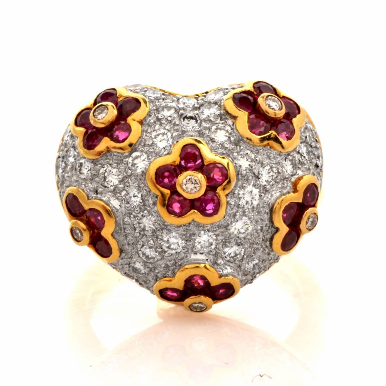 1980's Ruby Pave Diamond Gold Heart Motif Cocktail Ring