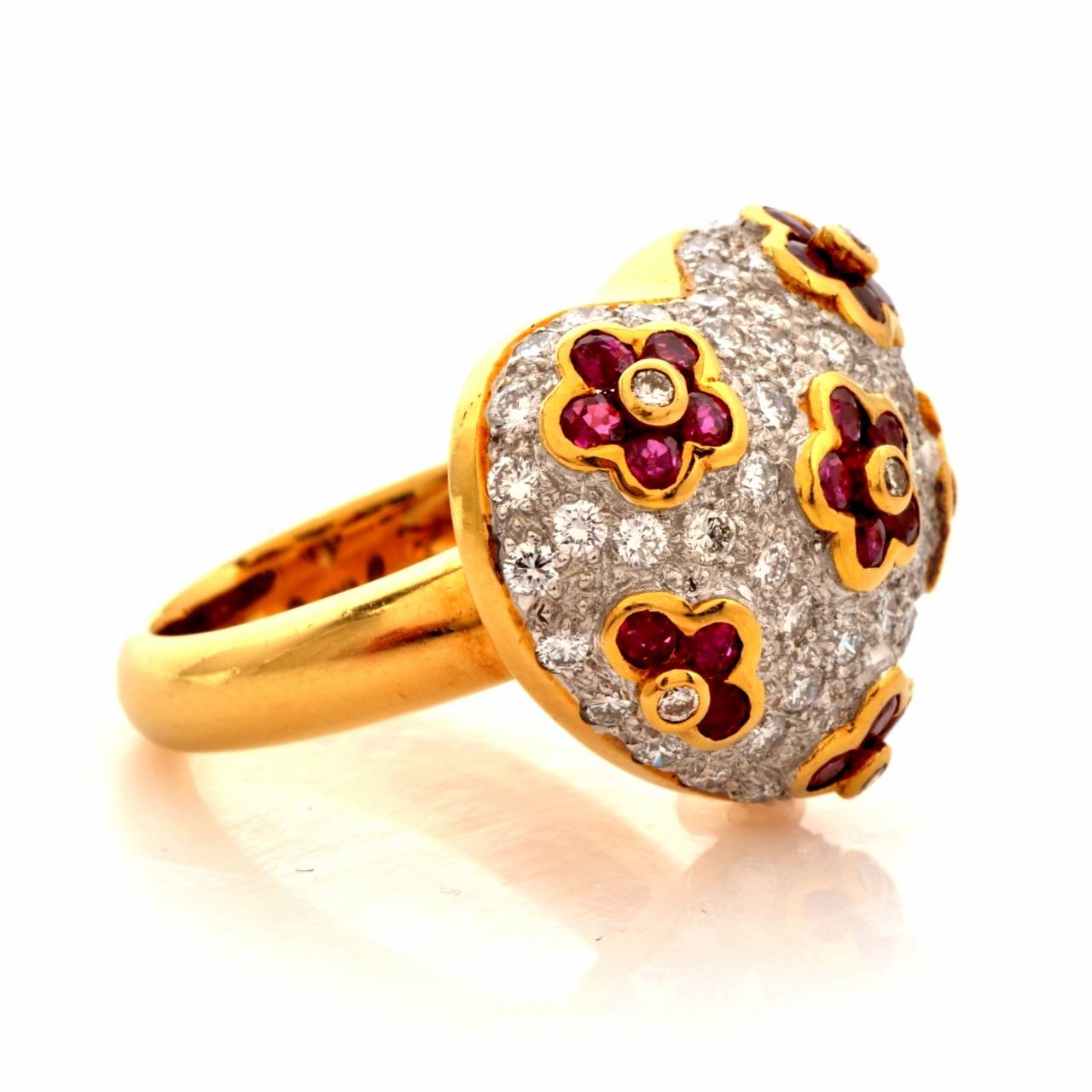 1980's Ruby Pave Diamond Gold Heart Motif Cocktail Ring at 1stDibs