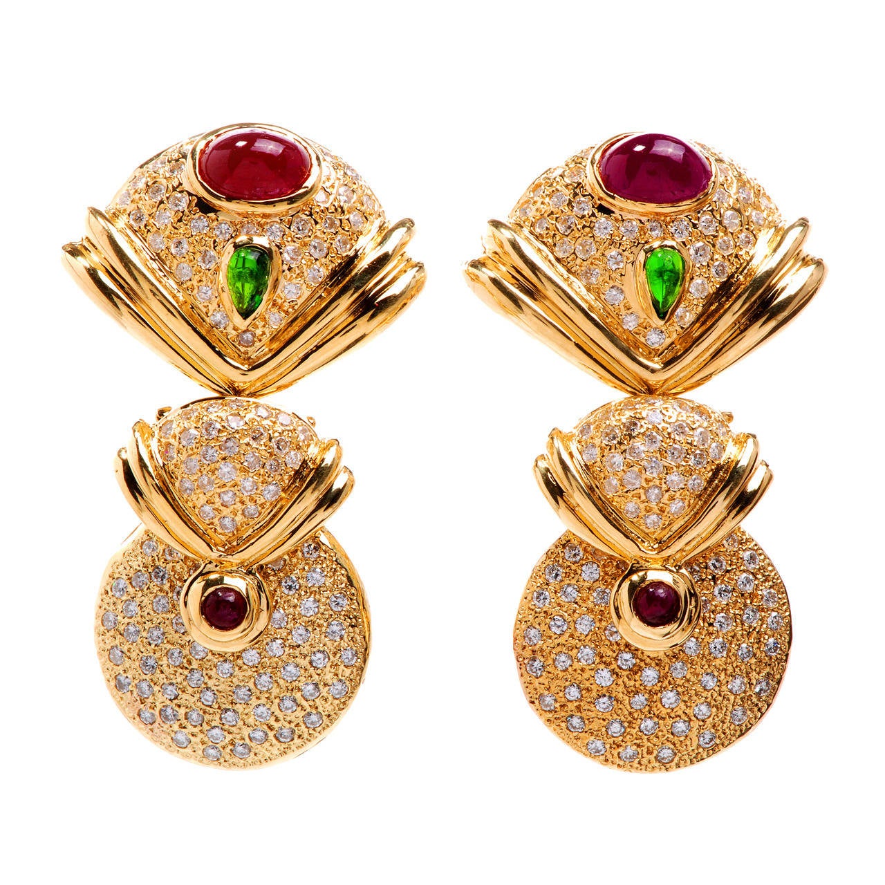Diamond Ruby Emerald Gold Drop Earrings