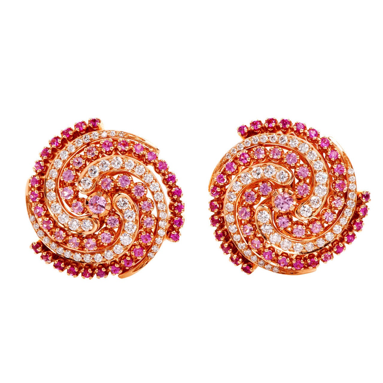 Garavelli Pink Sapphire Diamond Gold Swirl Earrings