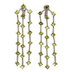 Diamond Green Peridot Platinum Chandelier Earrings