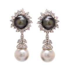 Tahitian South Sea Pearl Diamond Platinum Day and Night Earrings