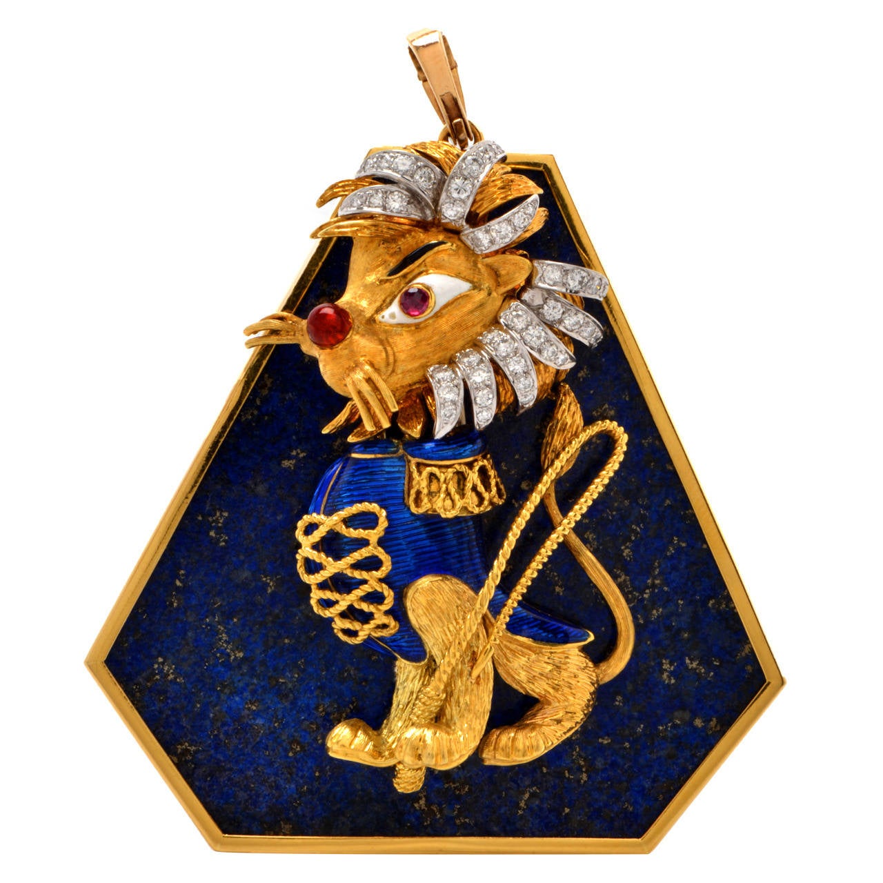 This vividly colored vintage lapel brooch / pendant is crafted in solid 18K yellow gold. This lapis pendent features a lion brooch pin with can be detached and worn separately. Lion pin is dressed humorously in a royal guard's uniform, rendered in