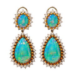 Opal Cabochon Diamond Clip Back Pendant Platinum Gold Earrings
