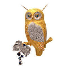Sapphire Diamond Gold Platinum Owl Brooch Pin Pendant