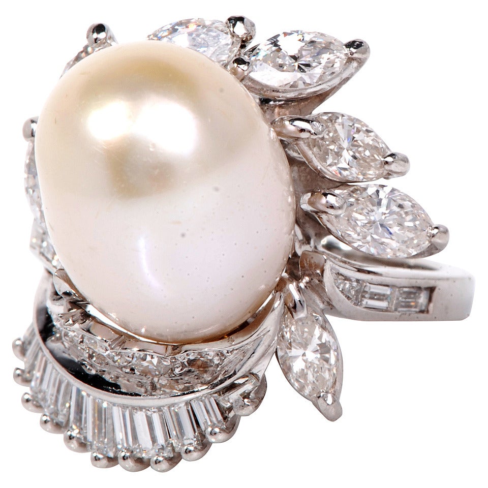 1960s Diamond Pearl Platinum Floral Ring