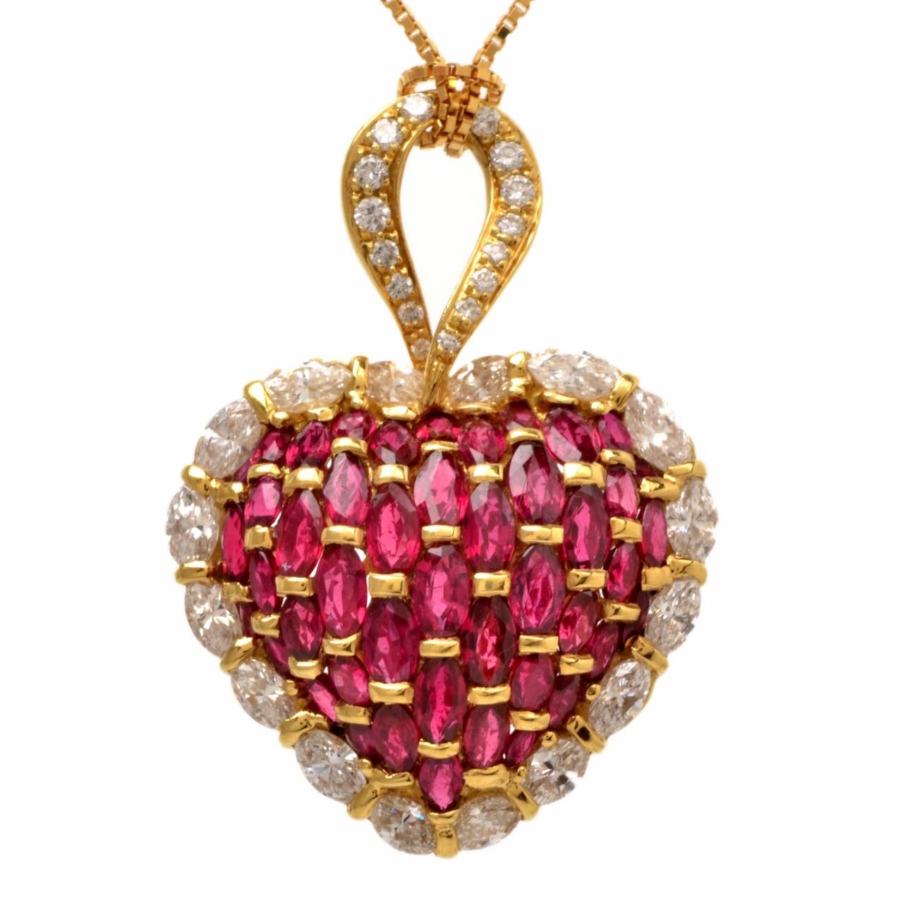 This high quality ruby diamond pendant is crafted in solid 18K yellow gold. Centered with a total of 46 marquise and round cut red rubies approx. 12.25ct, surrounded by 17 genuine marquise cut diamonds approx. 4.50ct, H-I color, VS clarity. Its bale