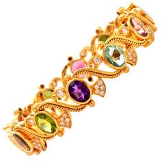 Multi-Gem Diamond Gold Bangle Bracelet